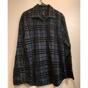 VTG Y2K Structure Men’s XL Button Up Shirt Blue Plaid Flocked Stripes Velvet